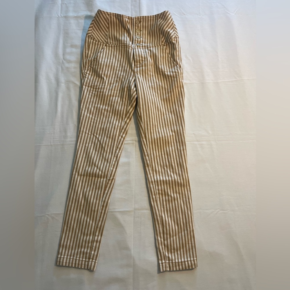 Free People Beige and White Striped High-Waist Ankle Pants